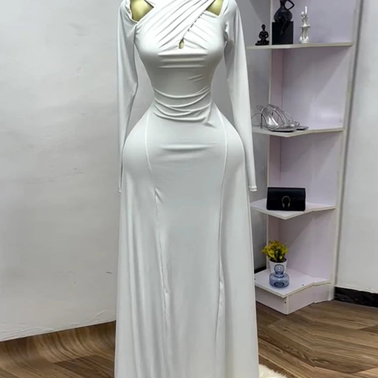 CM.YAYA 2025 Summer Women O-neck Long Sleeve Mermaid Maxi Dress Birthday Beach Sexy Night Party Club Long Dresses