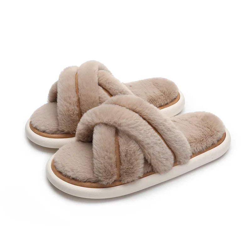 Winter Women Home Indoor Casual Slippers Female Flip Flops Fluffy Shoes Cross Design Slides Ladies Soft Warm Plush Slipper Brown