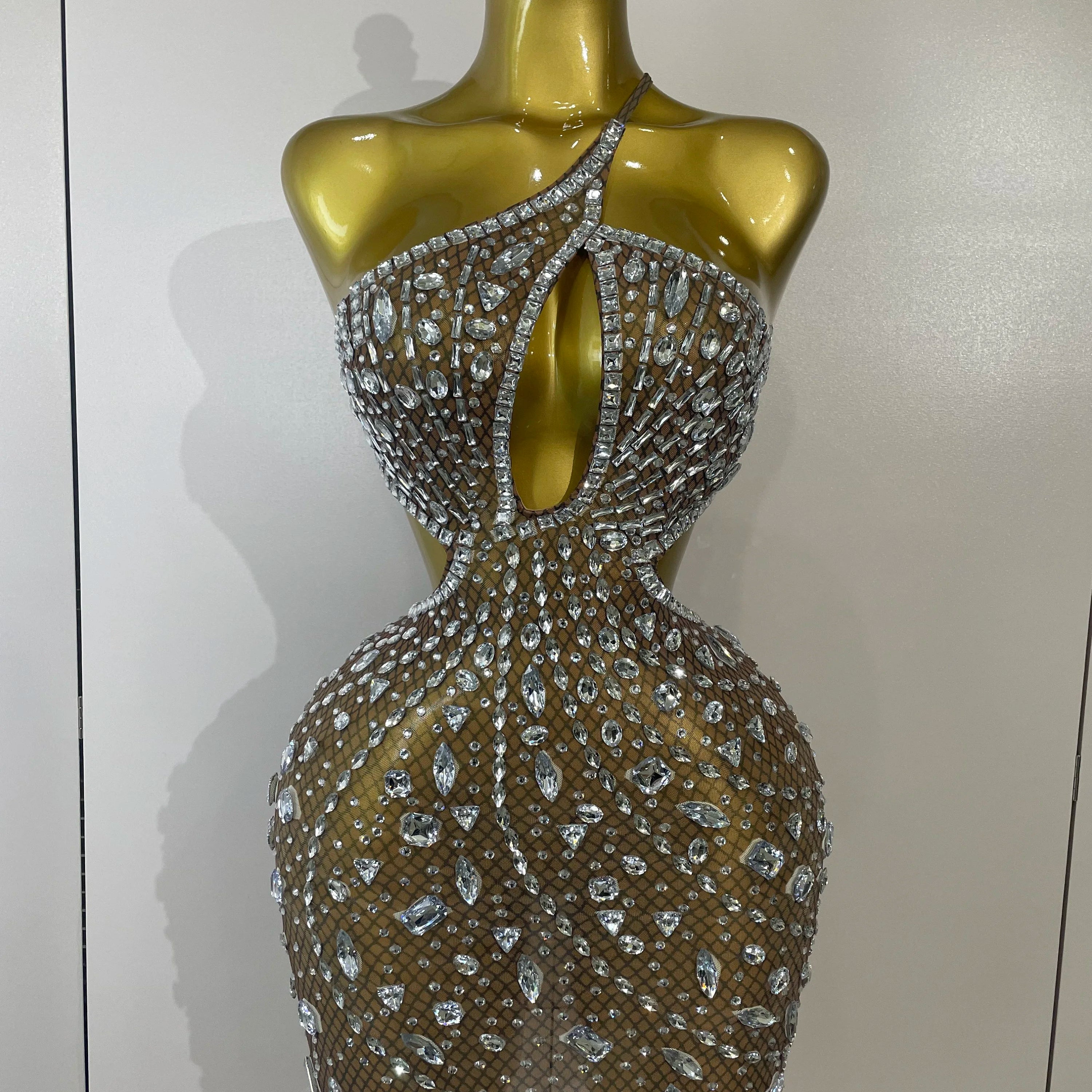 Stock Women Sparkly Big Crystal Sexy Off the Shoulder Mesh See Through Mini Dress Nightclub Party Celebrate Birthday Dress