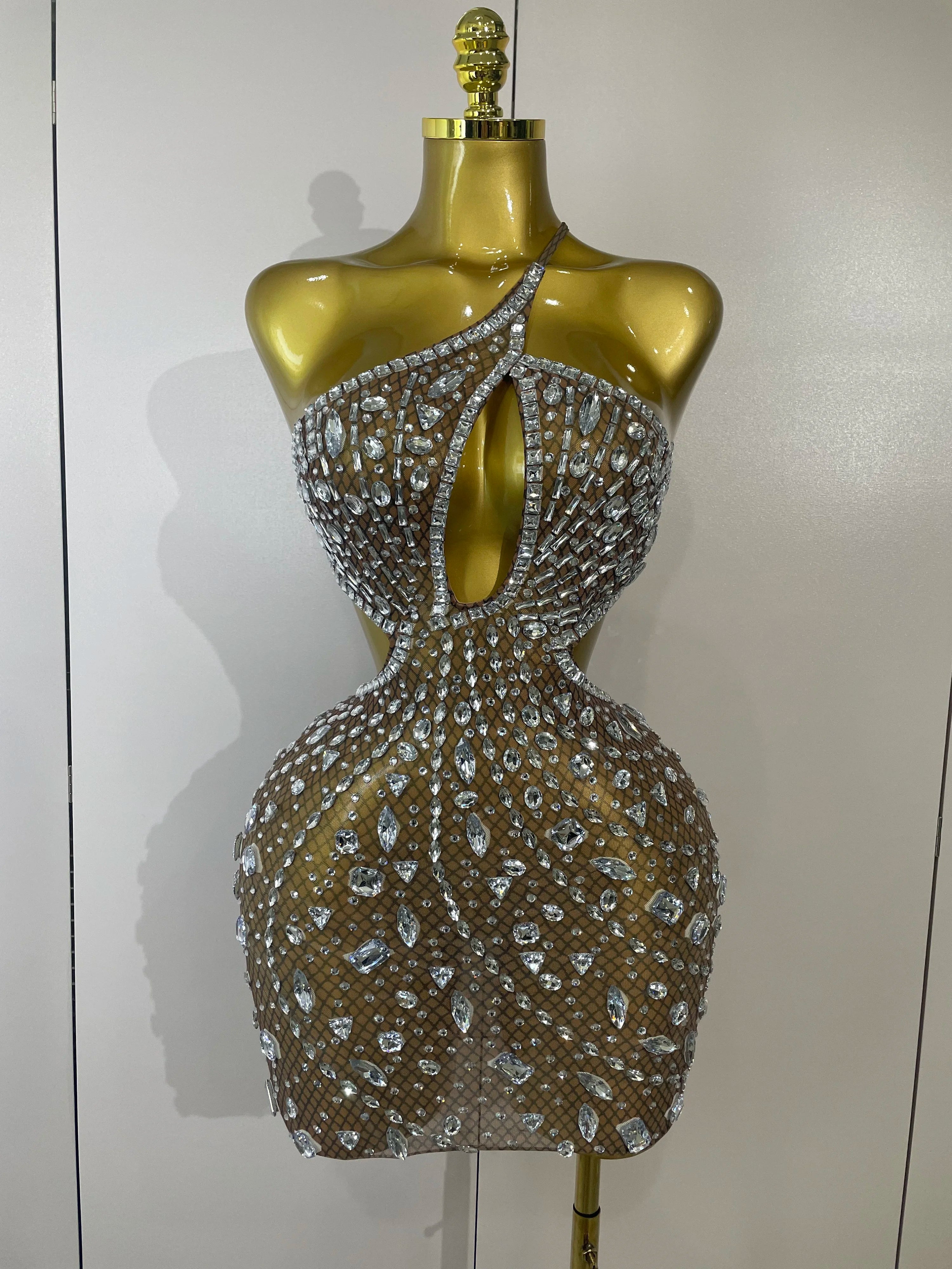 Stock Women Sparkly Big Crystal Sexy Off the Shoulder Mesh See Through Mini Dress Nightclub Party Celebrate Birthday Dress