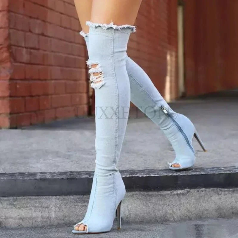 Fashion Women High Heels Spring Autumn Peep Toe Over The Knee Boots Tight High Stiletto Jeans Boots Cowboy Women Boots