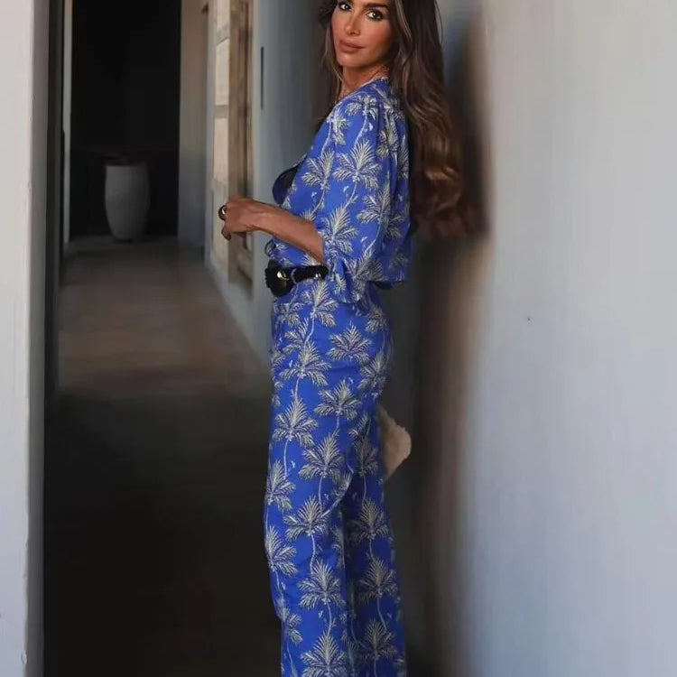 TRAFZA Women 2 Piece Set Print O-Neck Single-Breasted Decorate Long Sleeves Casual Top+Elegant Pocket Buttons Zipper Long Pant