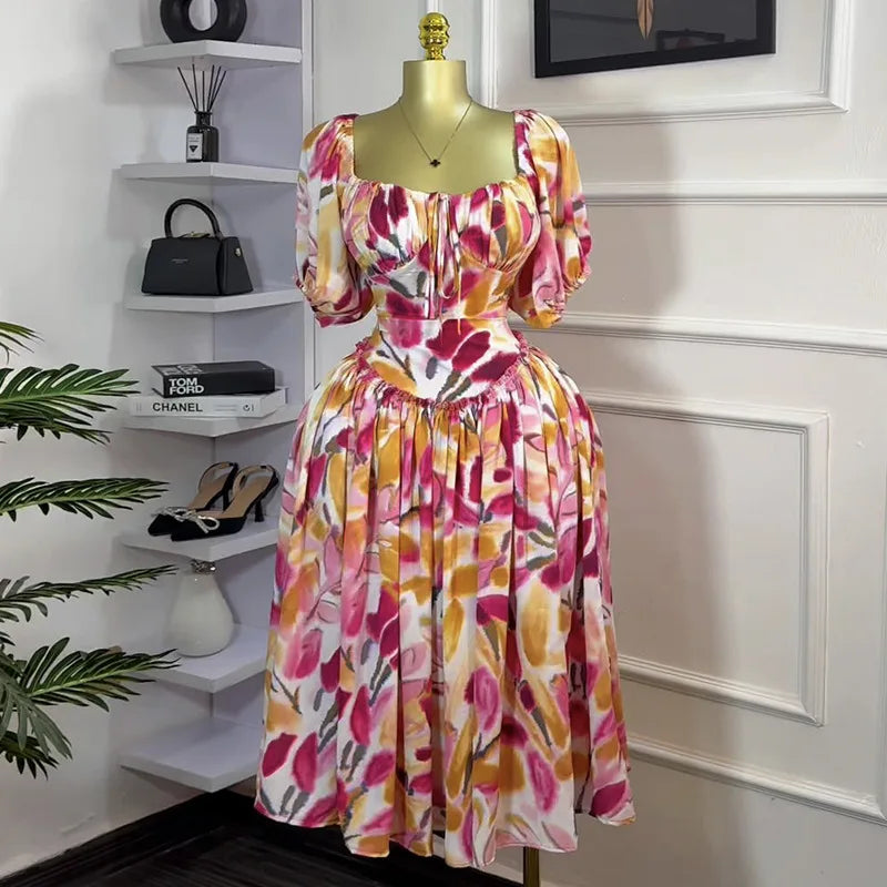 CM.YAYA Women Tulip Foral Printed Lantern Short Sleeve Big Swing High Waist Dress 2025 Chic Birthday Party Vestidos Sexy Dresses