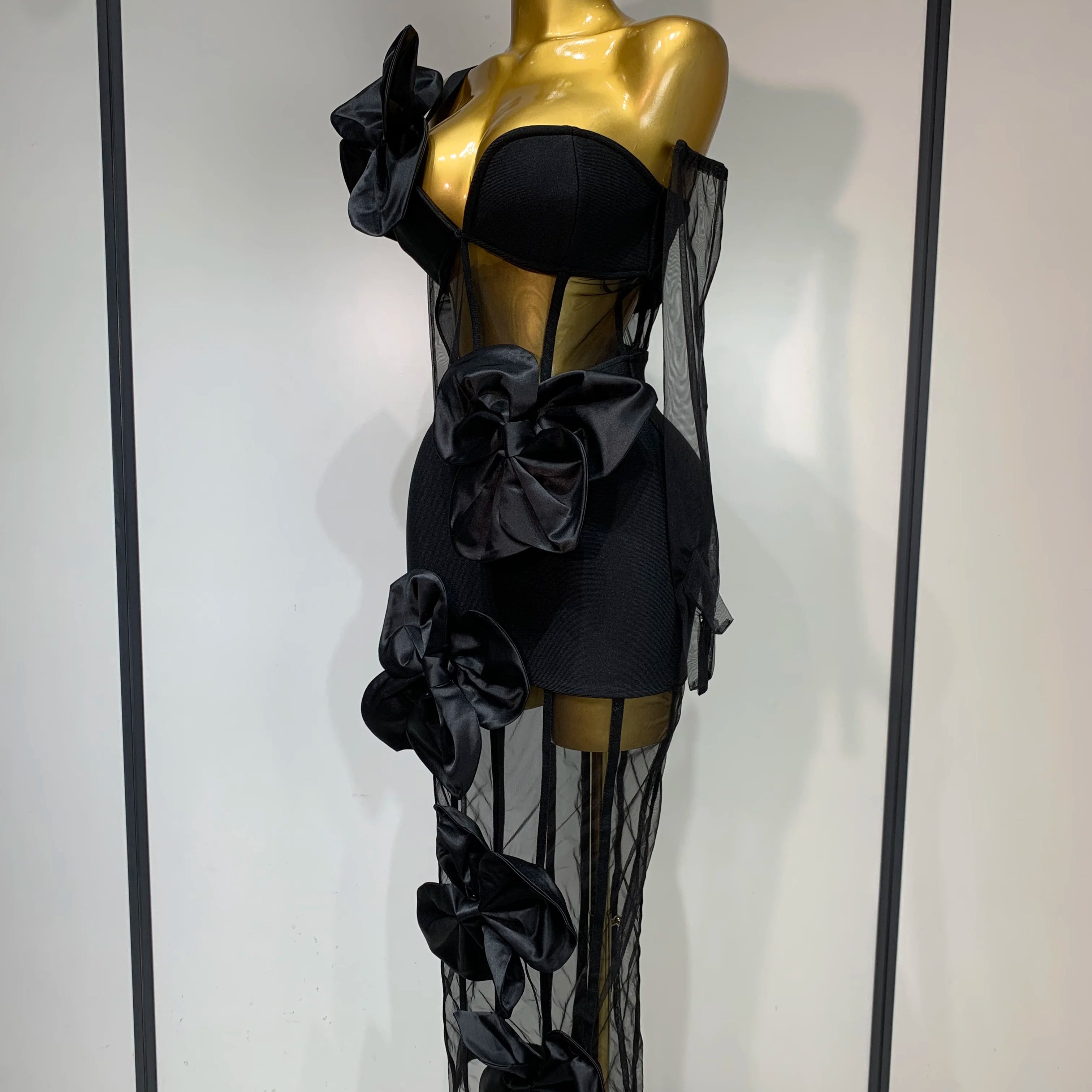 Women Sexy One Shoulder Bow Mesh See Through Bandage Bodycon Dress With Gloves Black Sleeveless Elegant Party Birthday Dresses