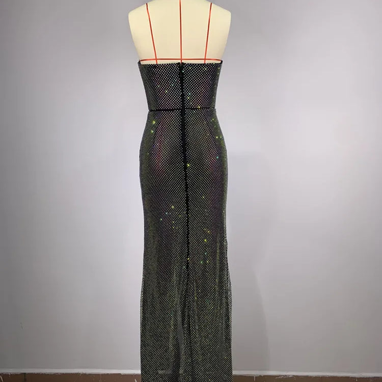 Women Summer Sexy Strapless Crystal Sparkly Diamonds Black Maxi Long Dress 2024 Elegant Party Evening Stage Performance Vestido