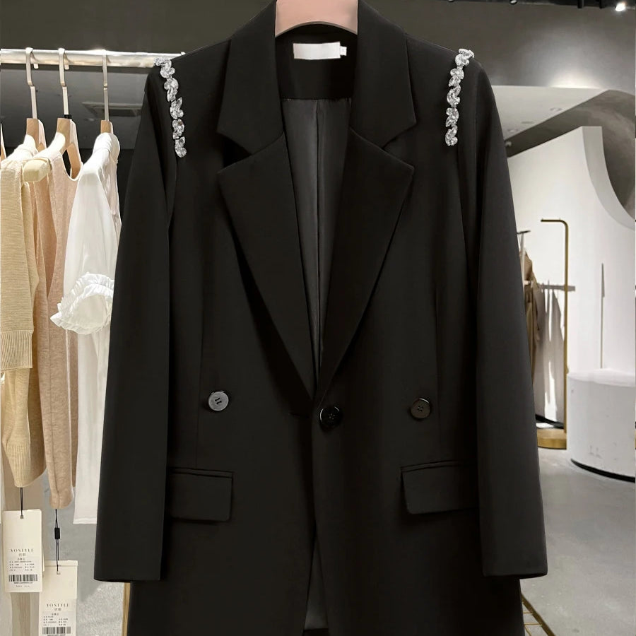 TWOTWINSTYLE Solid Loose Spliced Button Casual Jackets for Women Lapel Long Sleeves Patchwork Bead Jacket Female Fashion Clothes