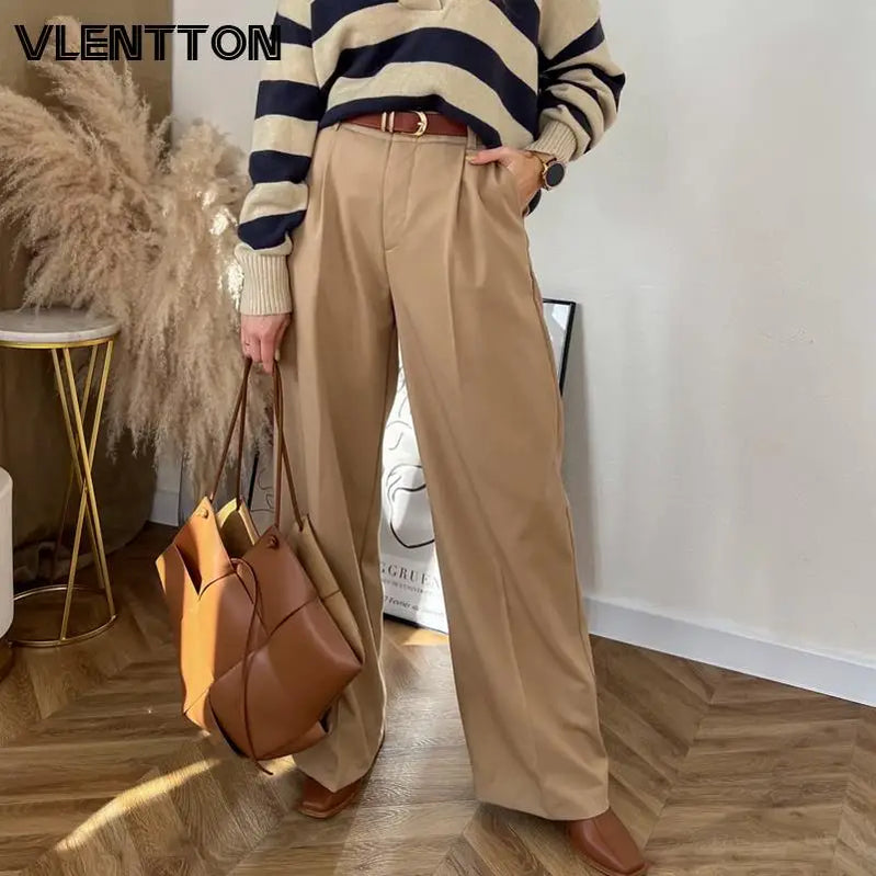 Spring Autumn Women Vintage Solid High Waist Pants Casual Zipper Pockets Loose Straight Trousers Female Ropa Mujer