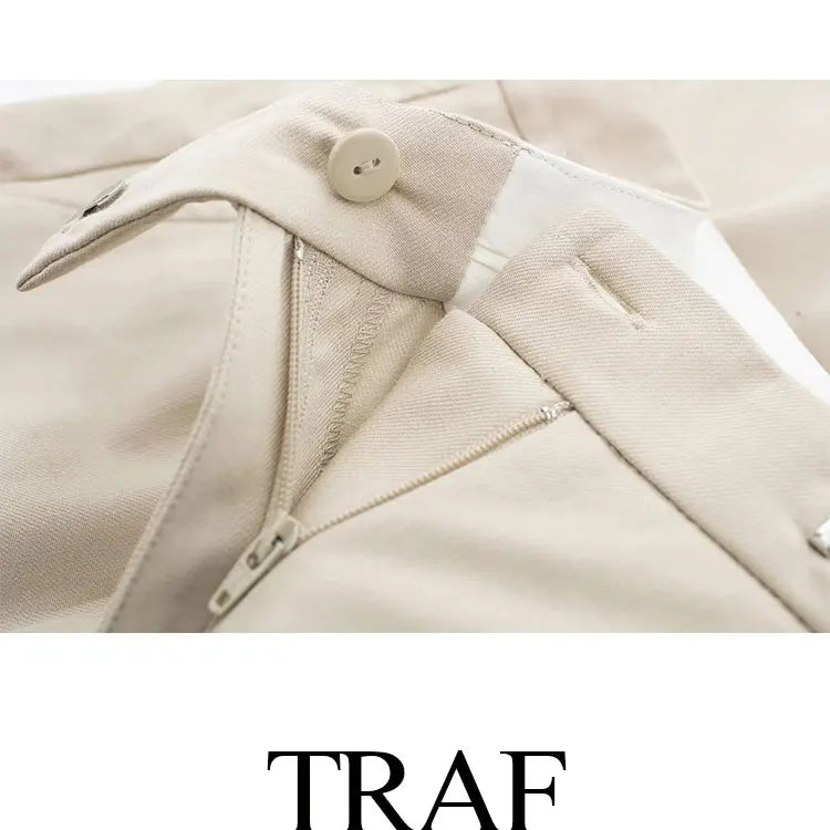 TRAF Spring Women's Fashion Beige Blazer Suit Single Breasted Jacket Women's High Waist Casual Baggy Pants 2-piece Set
