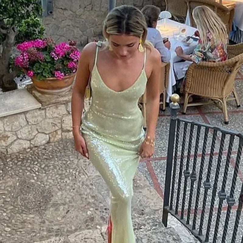 Luxury Sequins Backless High Slit Evening Long Dress Elegant WomenSleeveless High Waist Tunic Bodycon Holiday Party Dresses