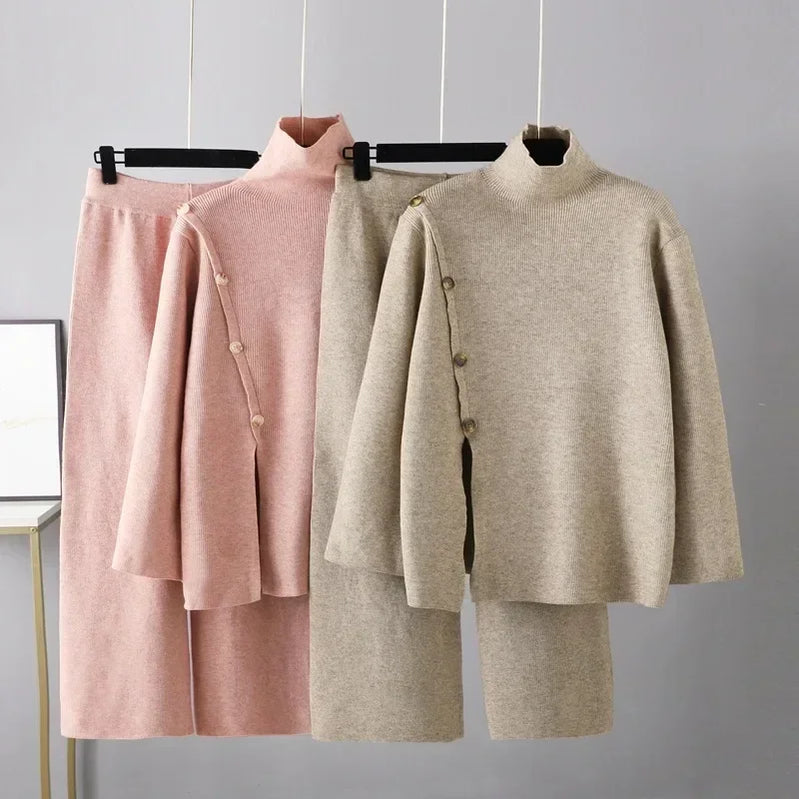 Two-piece Set Warmth Reduction Casual Wide Leg Pants Split Knit High Neck Sweater for Women's Winter