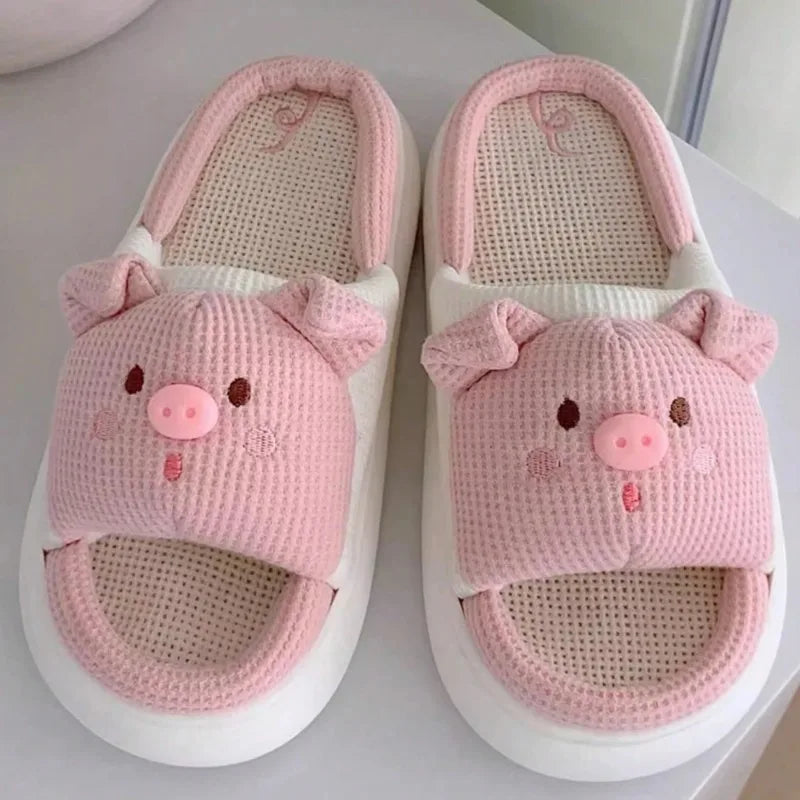 Pink 3.5cm Fashion Soft Ladies Casual Cute Piggy Pattern Design Comfortable Female Linen Home Slippers