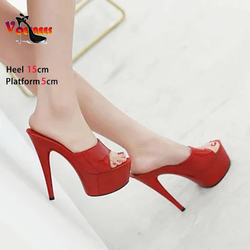 Patent Leather Women Shoes Thin Heels Sexy Waterproof Platform High Heels Sandals Female Summer Slip On Slippers Size 43