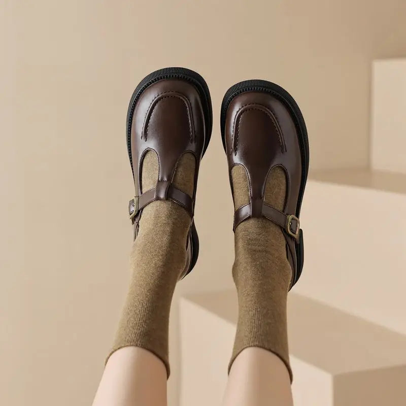 SIMLOVEYO 2024 Summer Vintage Women Flats 32 33 Round Toe Buckle T-Strap Big Size 42 43 Leisure Soft Daily Mary Janes Shoe