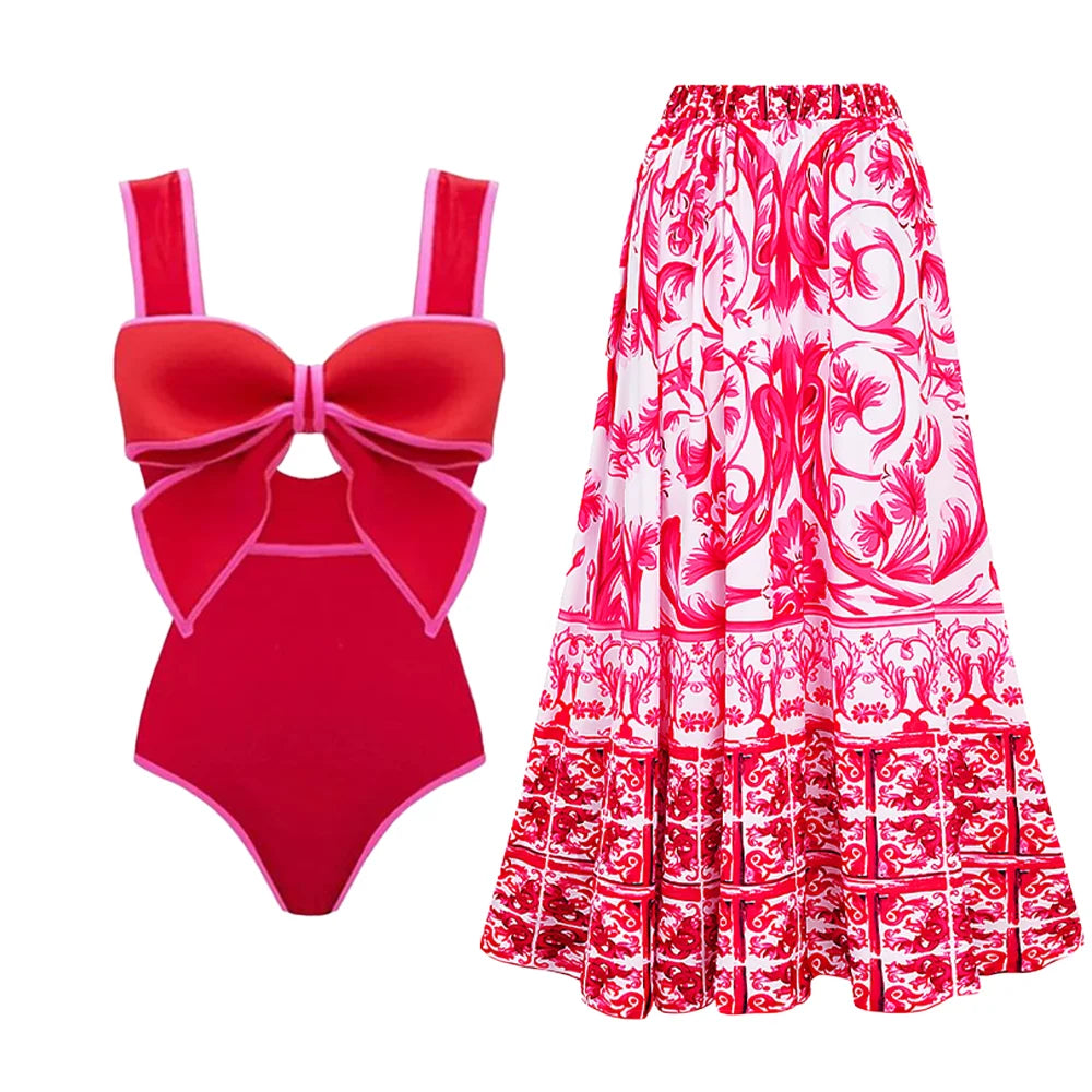 One Piece Swimsuit with Maching Midi Skirt Skirt for Women New Swimwear Female Bow Tie Decor Monokini Beach Bathing Suit 4