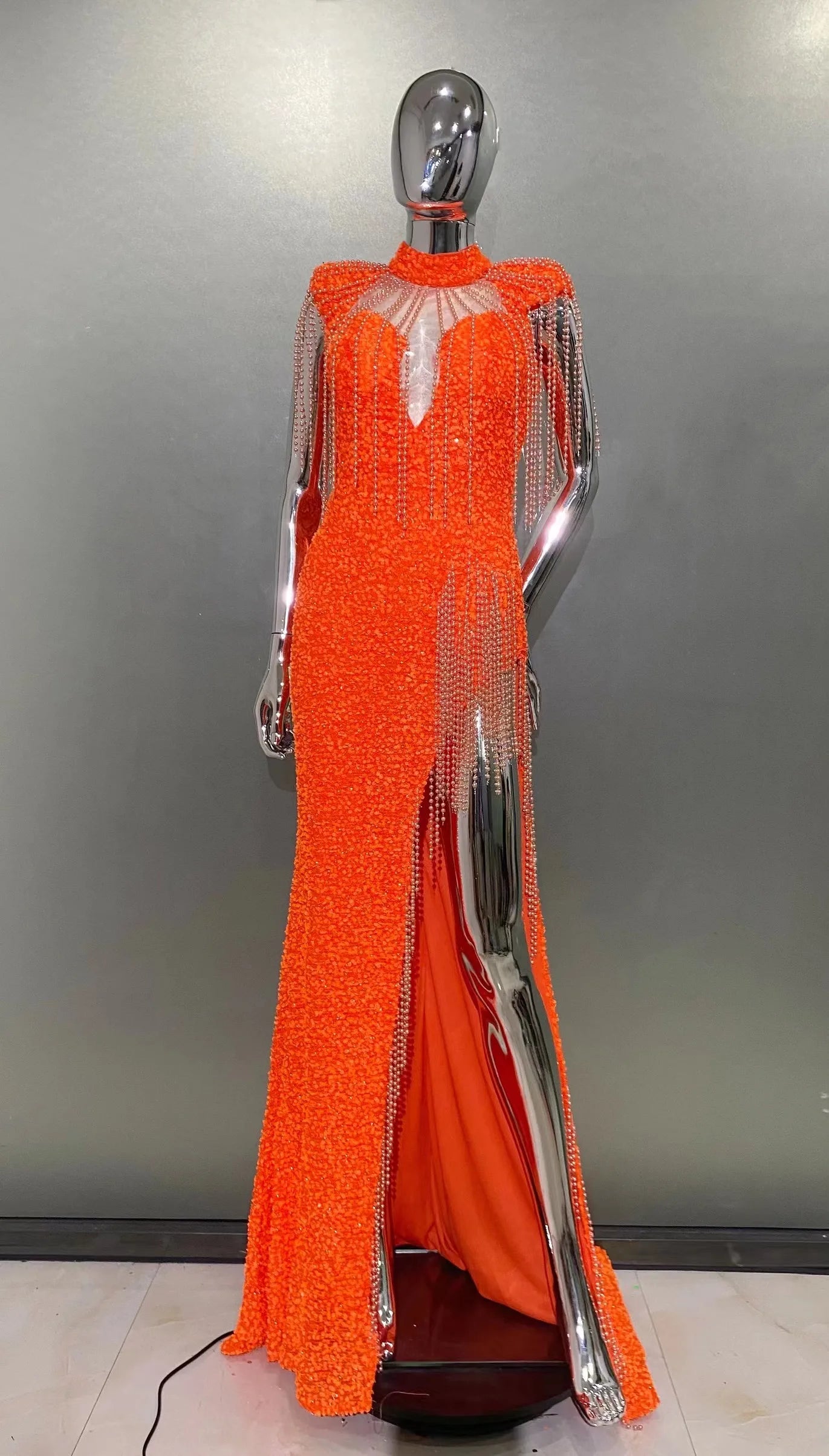 New Arrival Orange Sequins Bead Tassel Hollow Out High Slit Floor Lenght Dress Woman Birthday Party Dress Stage Performance Cos