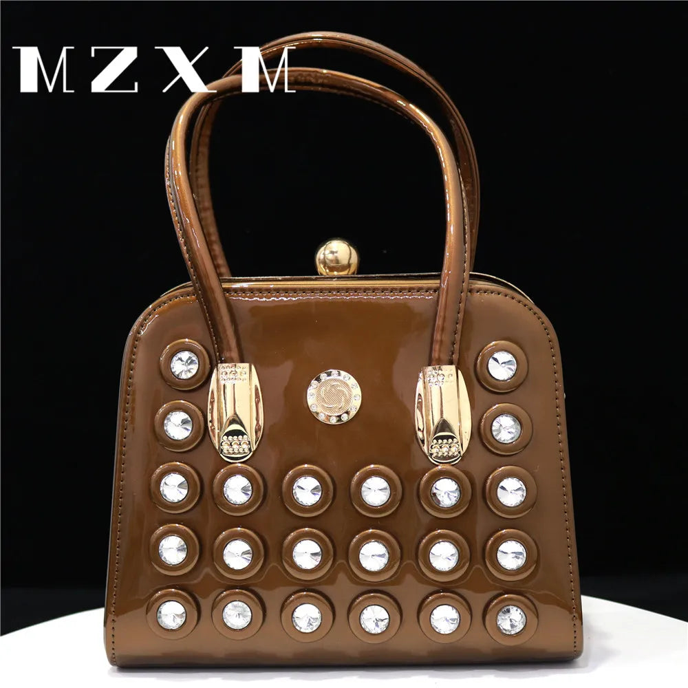 Rose Red Color Metal Rhinestones Fashion Elegant Large Capacity Evening Bag Diamond Luxury Women's Party Wallet Handbag Coffee 27.5x12x15cm