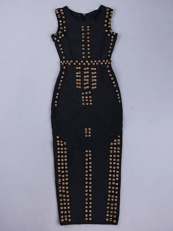 2023 New Women Sexy Diamond Embellished Bodycon Long Bandage Dress Elegant Rayon Backless Sleeveless Party Dress