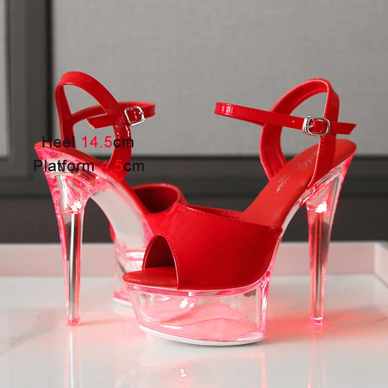 Women's Transparent And Glowing High Heels Red LED Light Up Party Sandals Nightclub Pole Dance Shoes 14.5CM Summer Runway Pumps