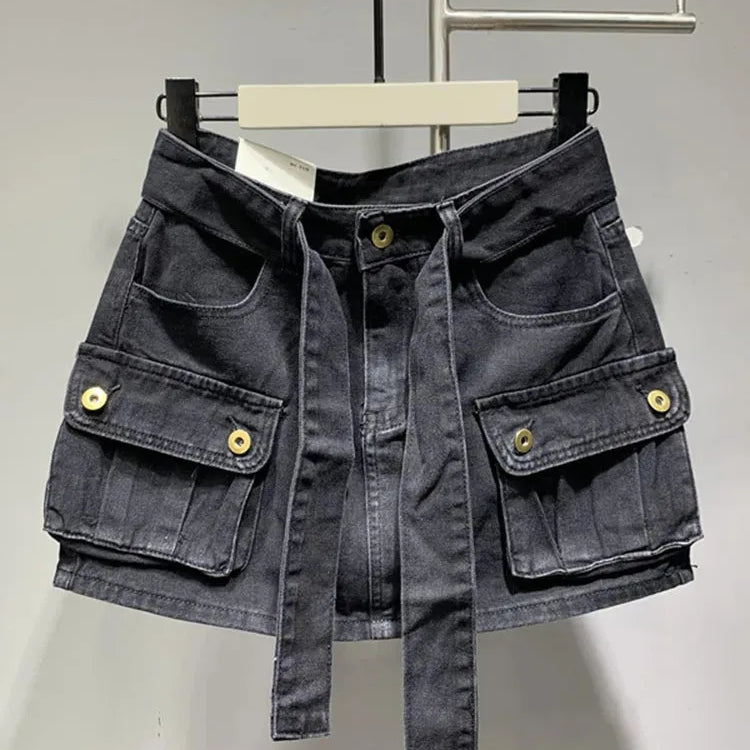 DEAT Fashion Belt Bandage Denim Mini Skirt Women Patchwork Pocket Cargo Wrap Hip Skirts Female Trend Spring New 11XX01119