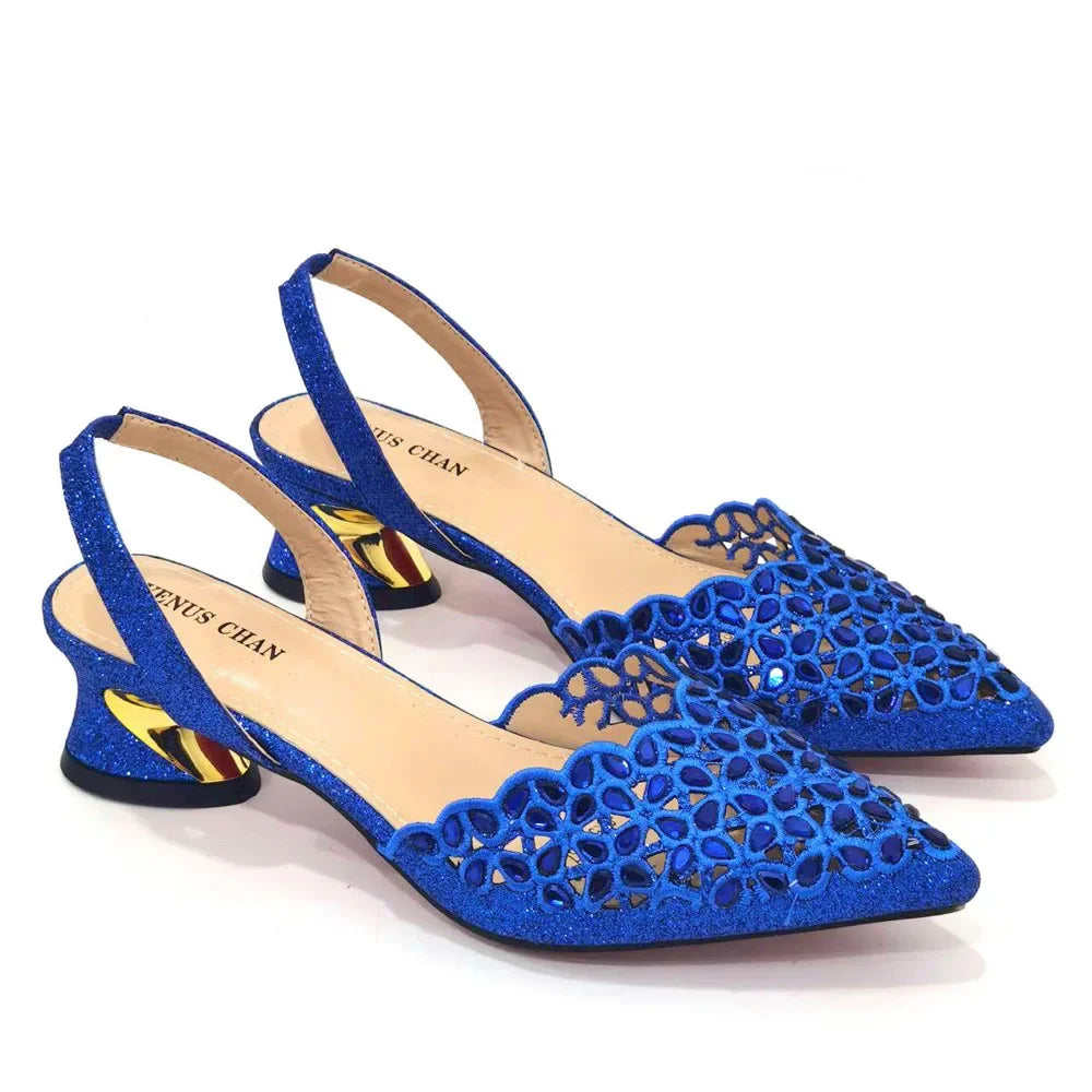 Venus Chan Low Heel Shoes for Women Hollowed Out Embroidery Rhinestone Italian Design Gold Color Pointed-Toe Shoes and Bags Set A PAIR SHOES R.BLUE