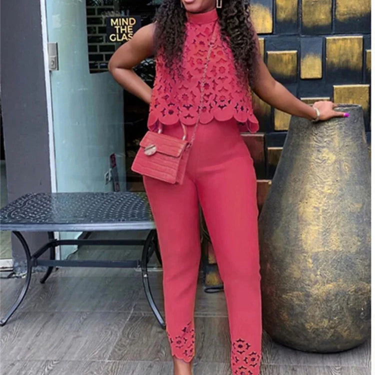 Wmstar Women Two Piece Set Plus Size Summer Fashion Sleeveless Casual Outfits Solid Color Holiday Long Pants Office Streetwear