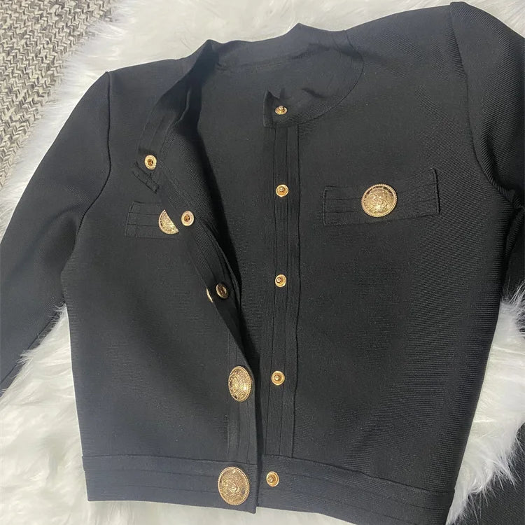 Conjunto de 2 peças de bandagem de rayon preto de manga comprida para festa à noite