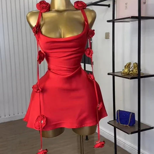 CM.YAYA Women Floral Applique Sleeveless Strap Midi A-line Dress 2025 Summer Holiday Birthday Sexy Club Party Evening Dresses Red