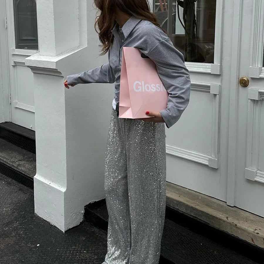 Sequin Pants New Instagram Style Trendy American Pearlescent Sequin Straight Leg Floor mops