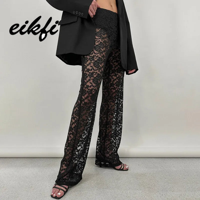 Women Clothing Lace Pant Summer New Female Sexy Club Hollow Out White Black High Waist Long Trousers Fashion Streetwear