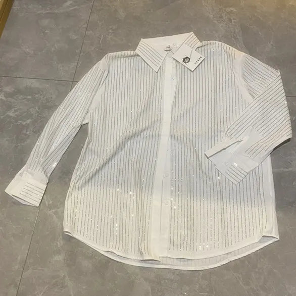 drill POLO collar shirt loose casual blouse ladies temperament elegant top Ivory L