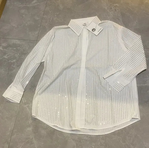 drill POLO collar shirt loose casual blouse ladies temperament elegant top Ivory L