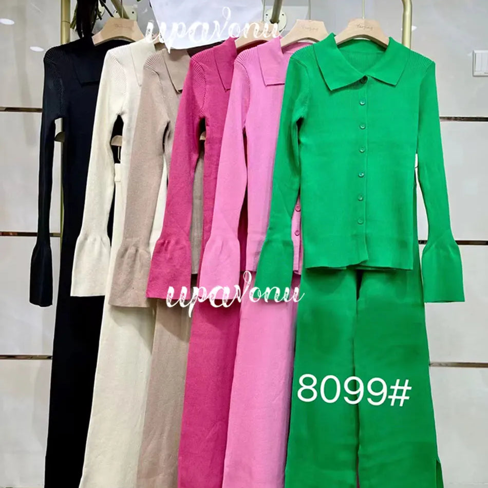 2024 Fashion Slim Knit Pants Set Lapel Flare Long Sleeve Single Breasted Cardigan Sweater & Trousers Two-Piece Set