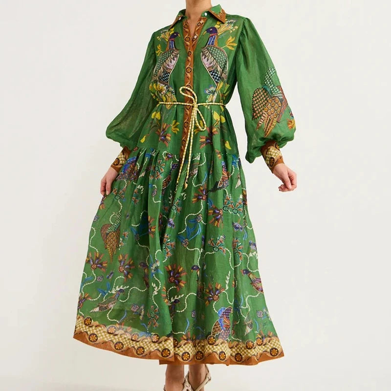 Elegant Loose Tie-Up Stand Collar Shirt Dress Women Fall Boho Print Pink Maxi Dress Fashion Geometric Cartoon Pattern Long Dress