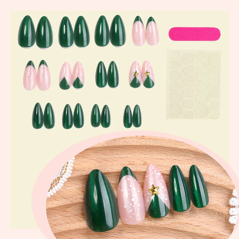 Glossy Red French Fake Nails 24Pcs Almond Press On Nails Xmas Hat Designs Full Cover Acrylic False Nails Patches DIY Manicure