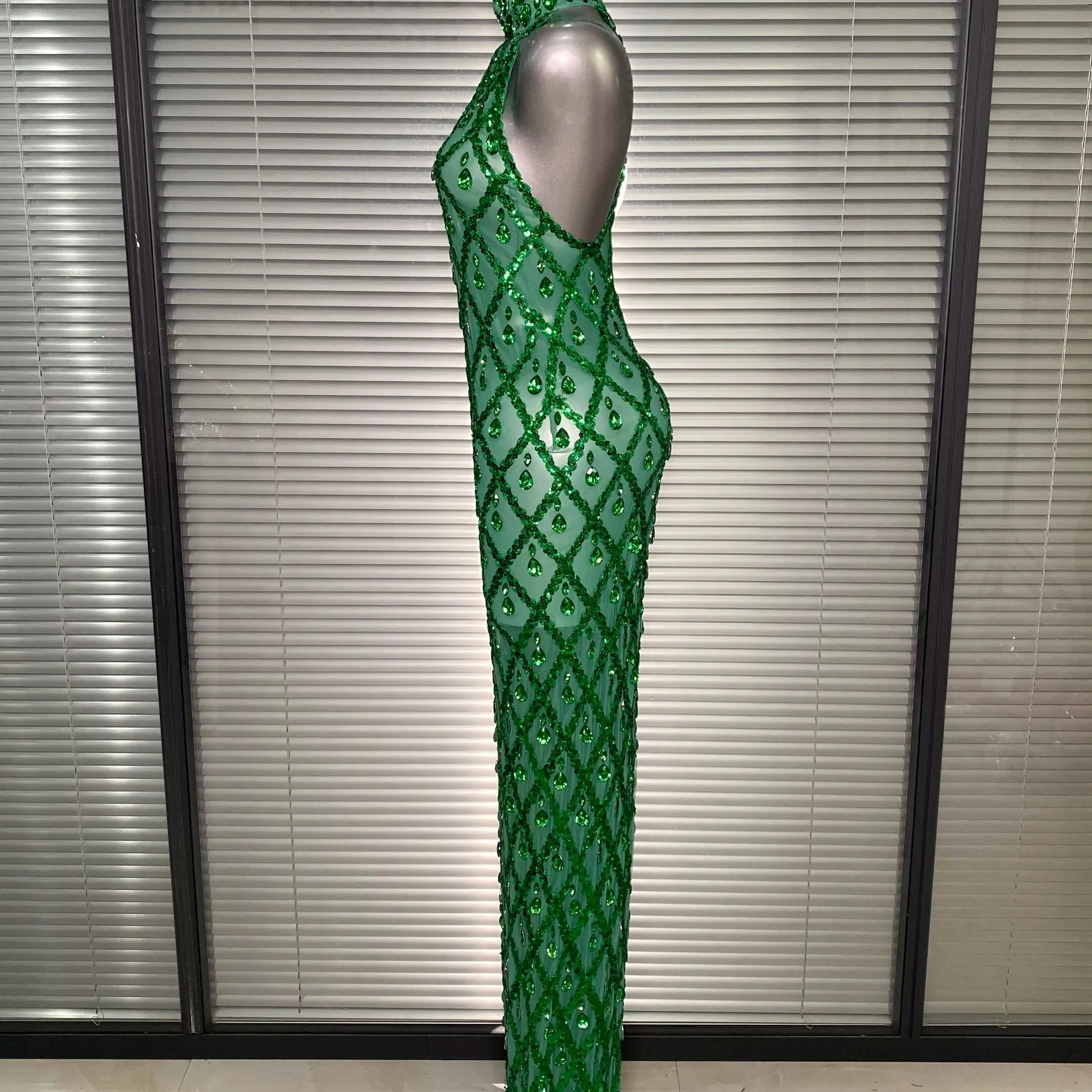 New Women Sexy Mesh Green Crystal Diamonds Maxi Dress See Through Brown Party Costume Stage Performance Dress