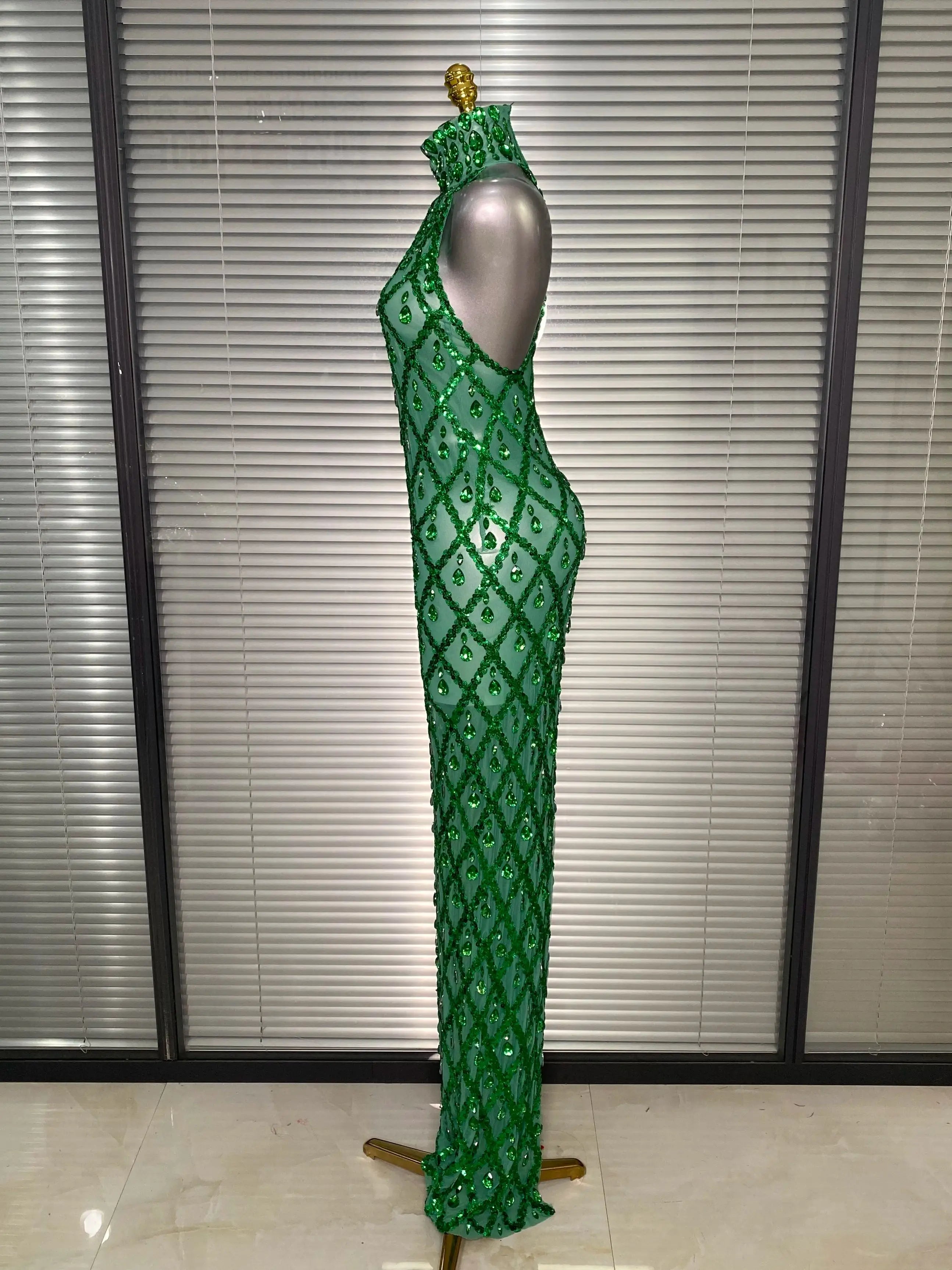 New Women Sexy Mesh Green Crystal Diamonds Maxi Dress See Through Brown Party Costume Stage Performance Dress