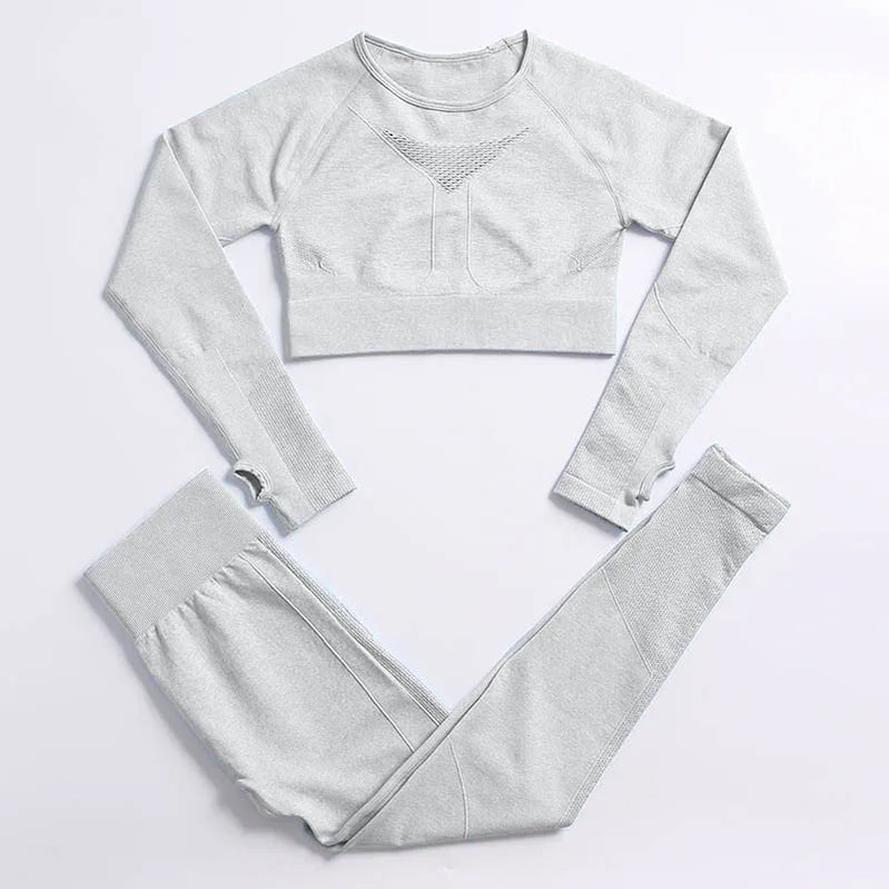 2PCS Seamless Women Sports Suits Yoga Set Workout Sportswear Gym Clothing Fitness Long Sleeve Crop Top High Waist Leggings ShirtsPantsLightgrey