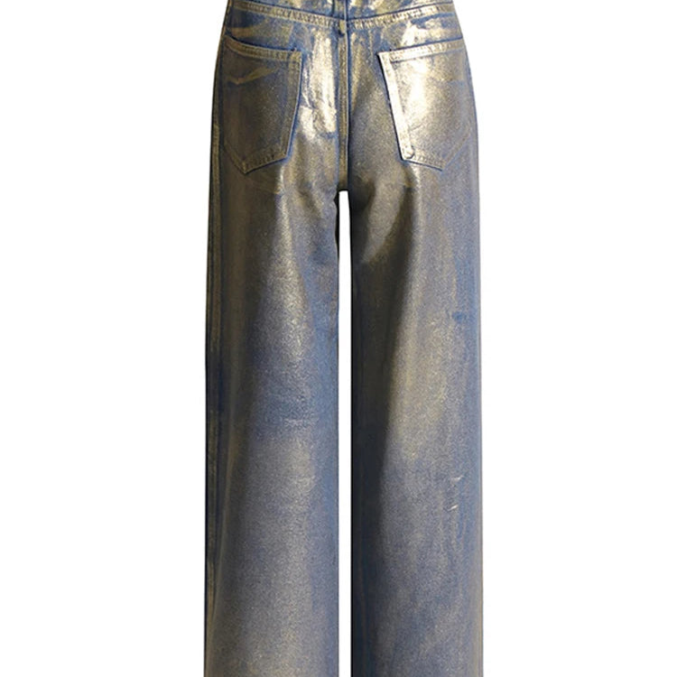 Metallic Wide Leg Jeans High Waist Pants For Women Autumn Vintage Y2K Streetwear Casual Loose Straight Denim Trousers