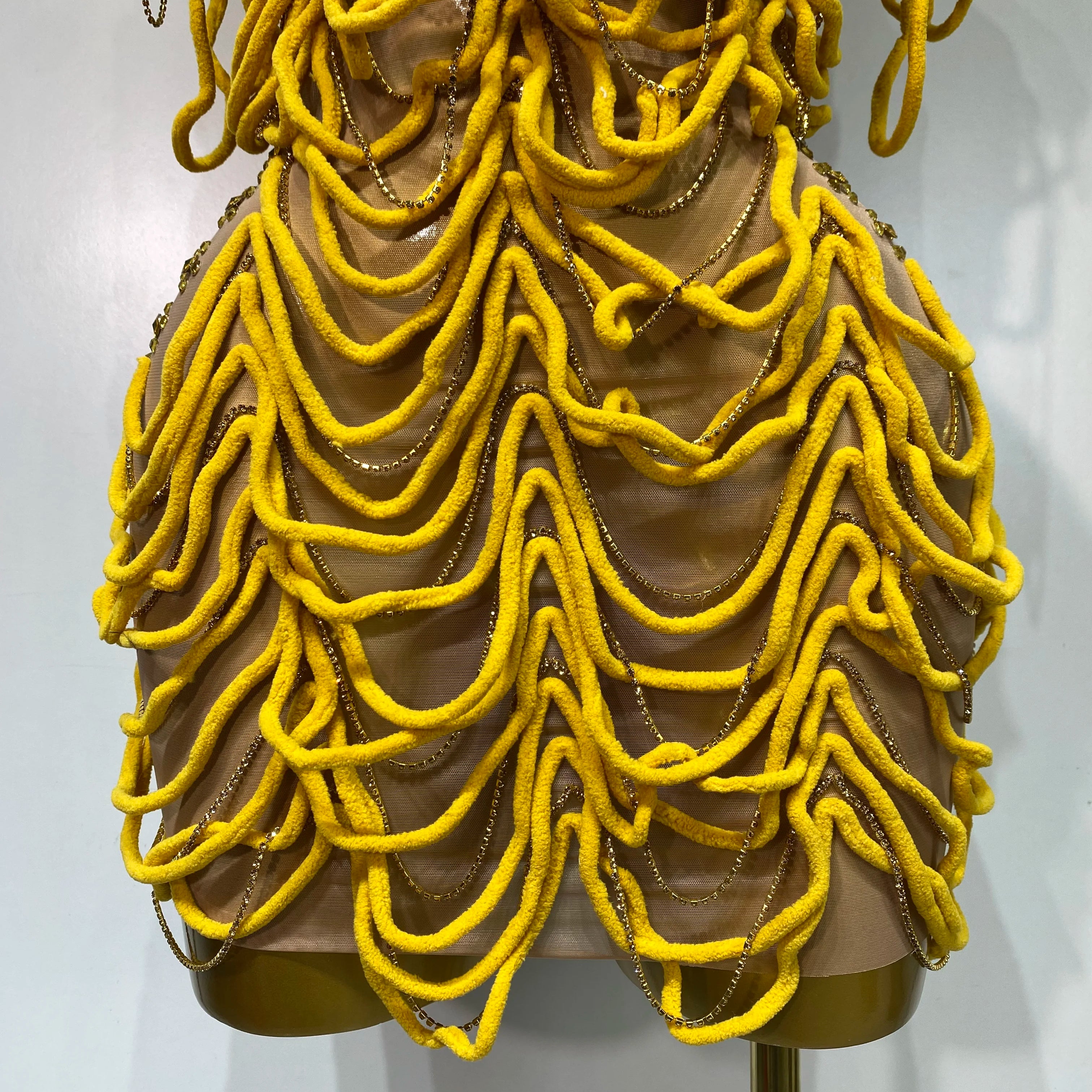 Women Sexy Mesh See Through Designer Rhinestones Chain Stage Performance Costume Nightclub Celebrate Party Luxury Birthday Dress