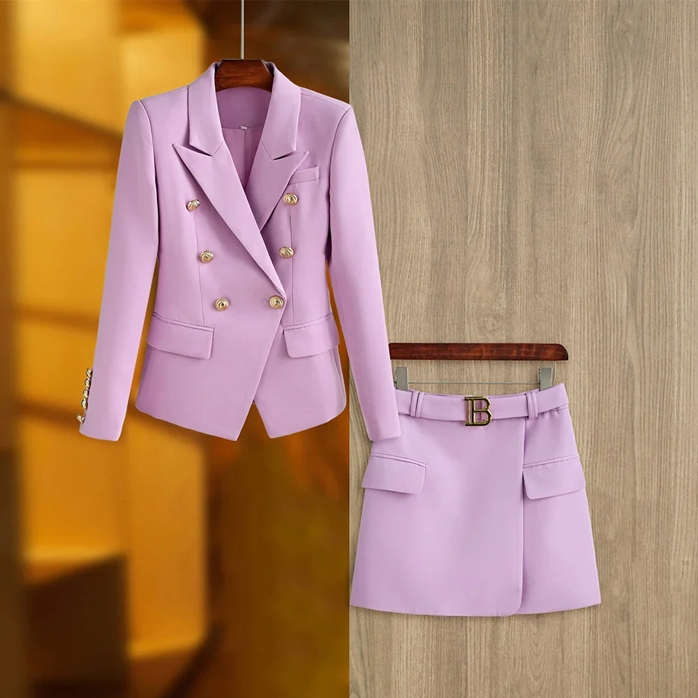 HarleyFashion Gorgeous Design Women 2PCS Blazer Suits Solid Color Summer Blue Skirt Twin Sets Mini Street Clothing for Lady Lavender