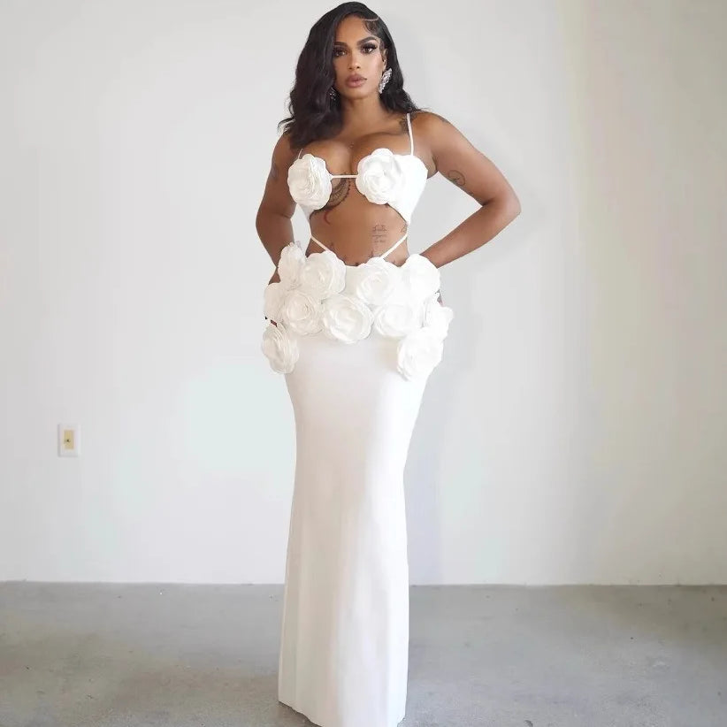 Black White Color Women Sexy Sleeveless V-Neck Bodycon 2 Pieces Bandage Long Dress Florals Celebrate Nightclub Party Outfit