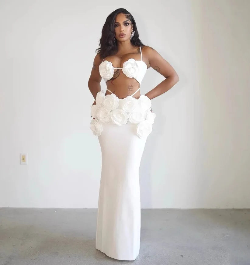 Black White Color Women Sexy Sleeveless V-Neck Bodycon 2 Pieces Bandage Long Dress Florals Celebrate Nightclub Party Outfit