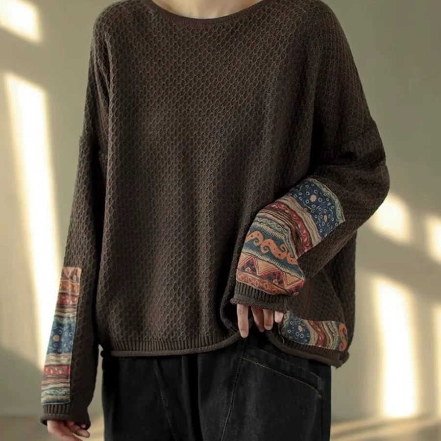 Vintage Print Patchwork Sweater Spring Fall Fashion Women's Loose Casual Long Sleeve Knitting Pullovers Female Elegance Knitwear