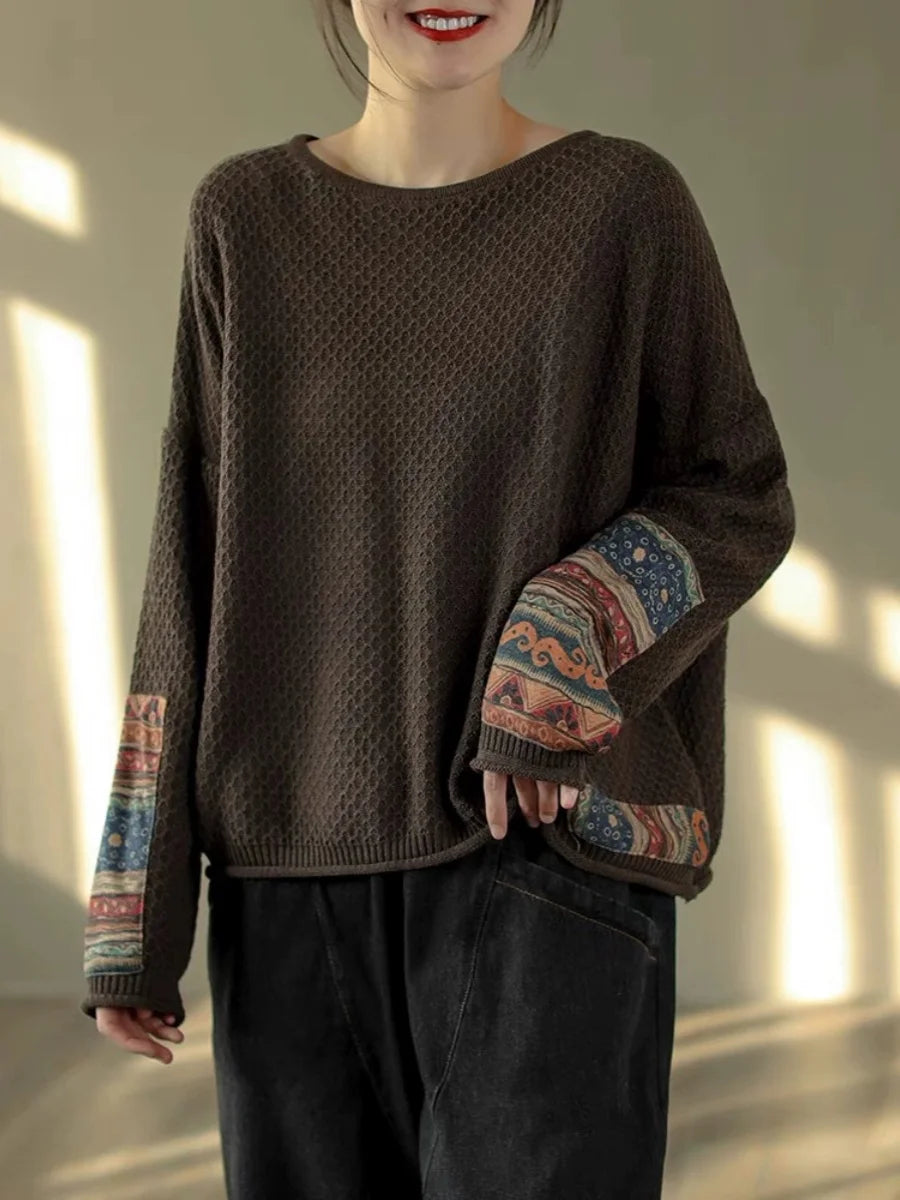 Vintage Print Patchwork Sweater Spring Fall Fashion Women's Loose Casual Long Sleeve Knitting Pullovers Female Elegance Knitwear