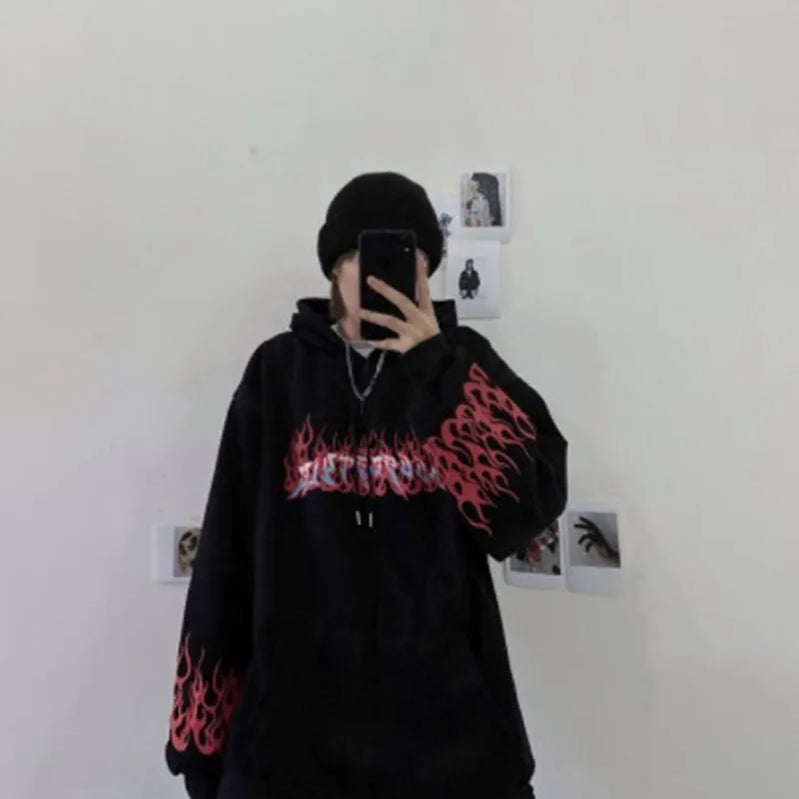 Retro Flame Print Hoodies Women Autumn Casual Oversized Long Sleeve Pullovers Tops Korean Style Harajuku Unisex Loose Sweatshirt Black2