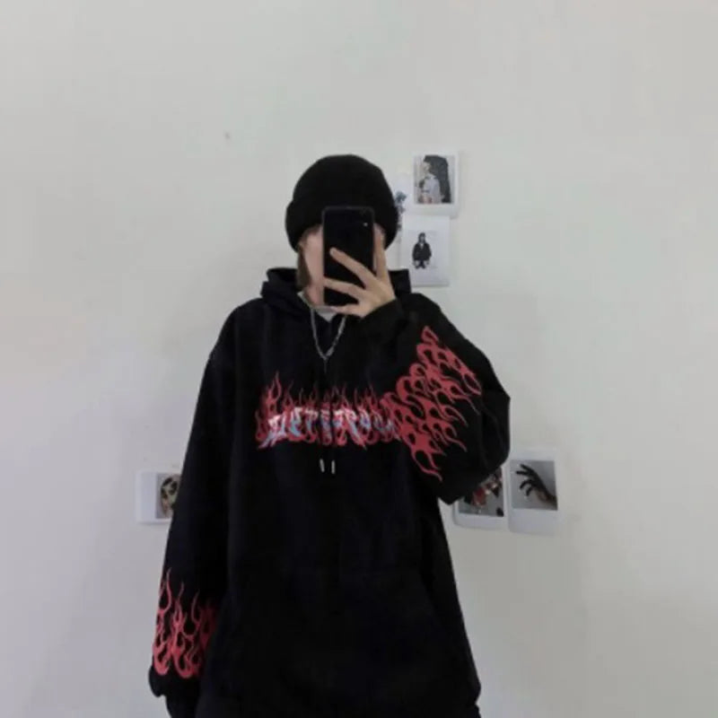 Retro Flame Print Hoodies Women Autumn Casual Oversized Long Sleeve Pullovers Tops Korean Style Harajuku Unisex Loose Sweatshirt Black2