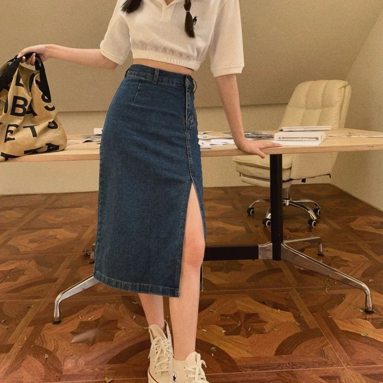 High Waist Slim Slit Buttocks Wrapped Denim Skirt Women All Reason Office Lady Casual Midi Jeans Skirts Female Cheap Wholesale