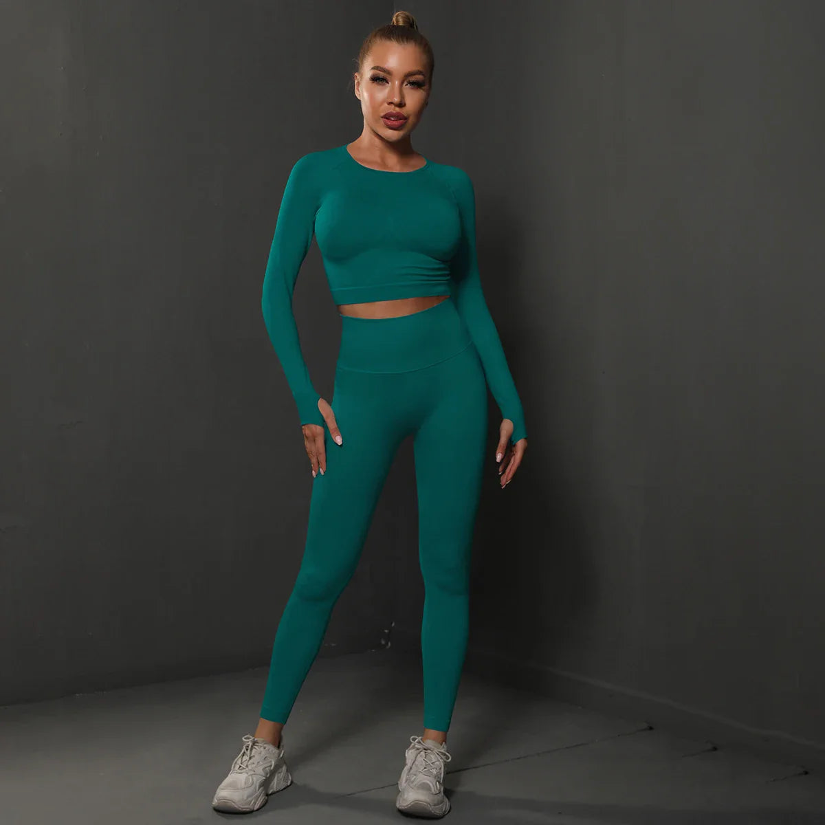 2Pcs Women Sets Energy Seamless Gym Suits Bubble Butt Sports Pants+Long Sleeve Shirts Push Up Running Sets Tracksuits Tights Set Dark Green