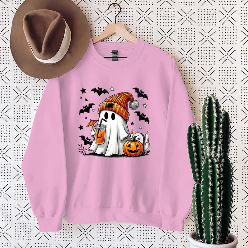 New Women's Sweatshirt Halloween Ghost Pumpkin Bat Print Round Neck Pullovers Ladies Autumn Winter Casual Halloween Sweatshirt Pink