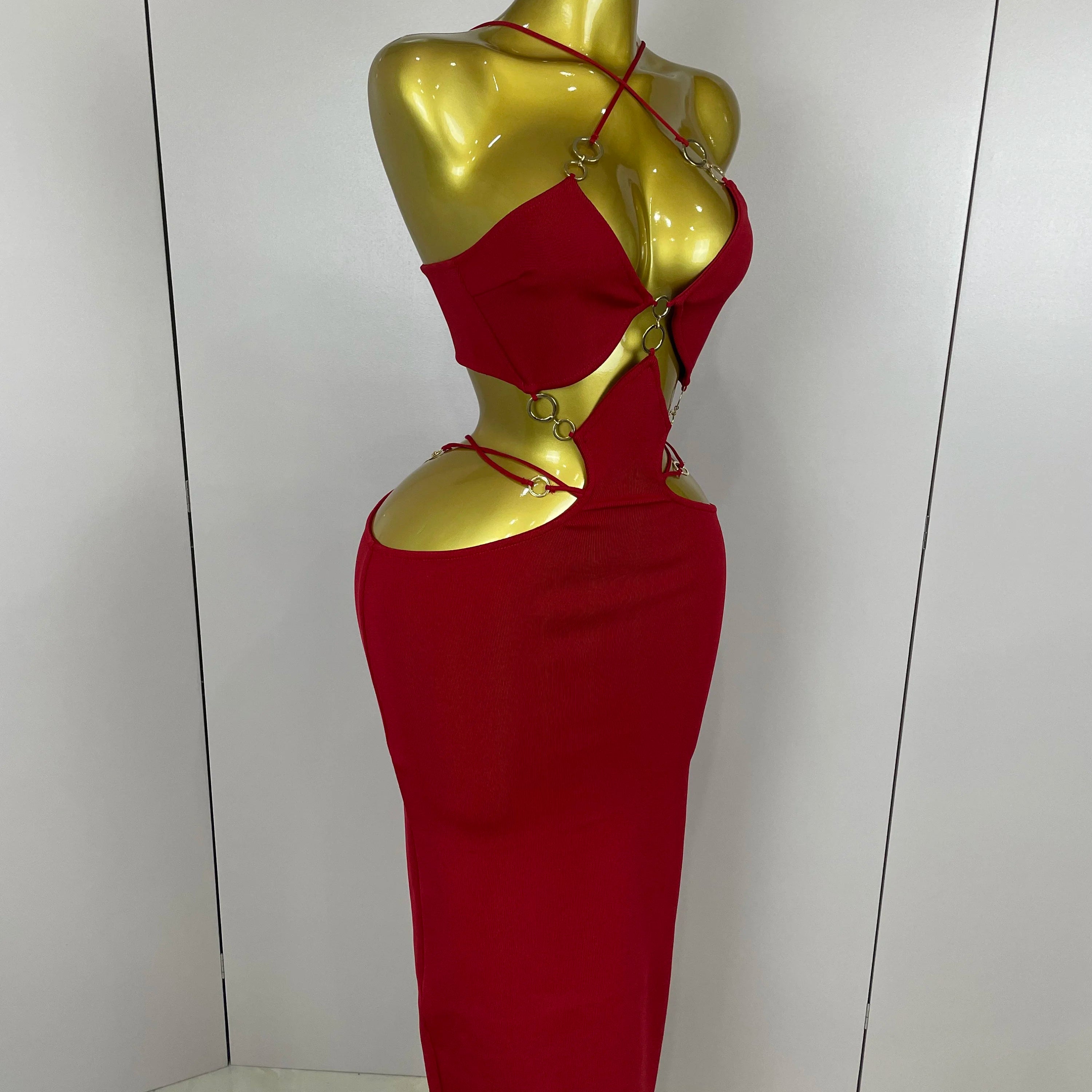 Sexy Halter Hollow Out  Sleeveless Black Red Bodycon Long Bandage Dress 2025 Women Celebate Elegant Luxury Birthday Club Dress